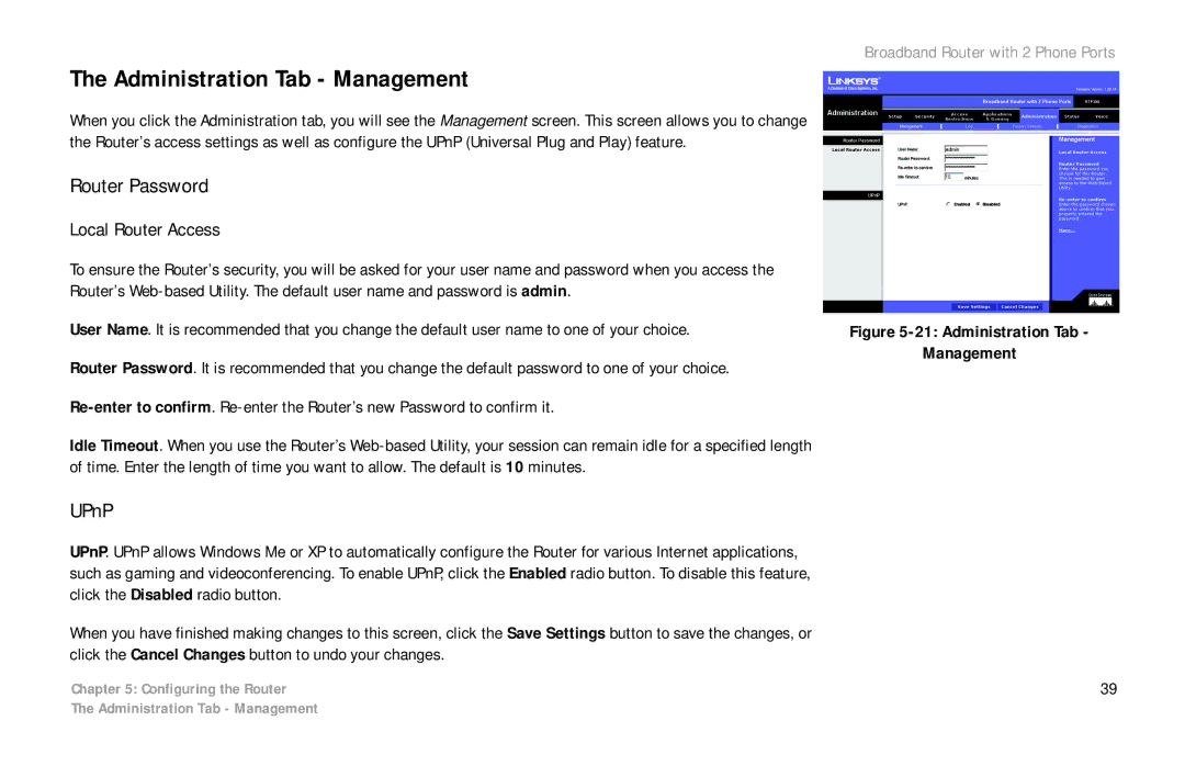 Linksys RTP300 manual Administration Tab Management, Router Password, UPnP, Local Router Access 