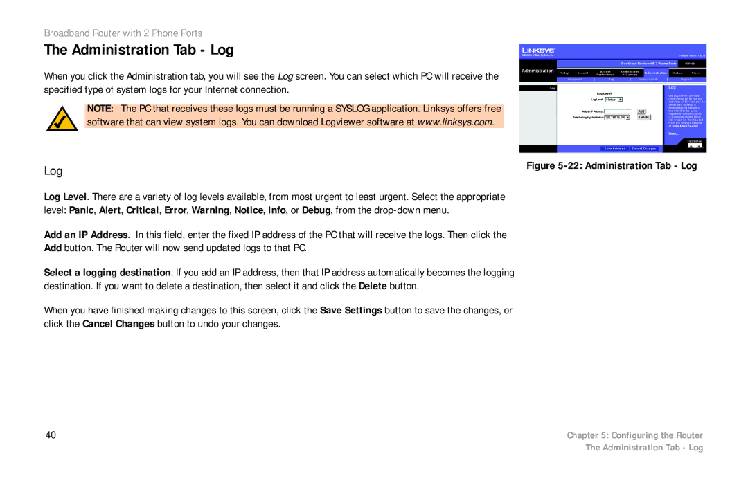 Linksys RTP300 manual Administration Tab Log 