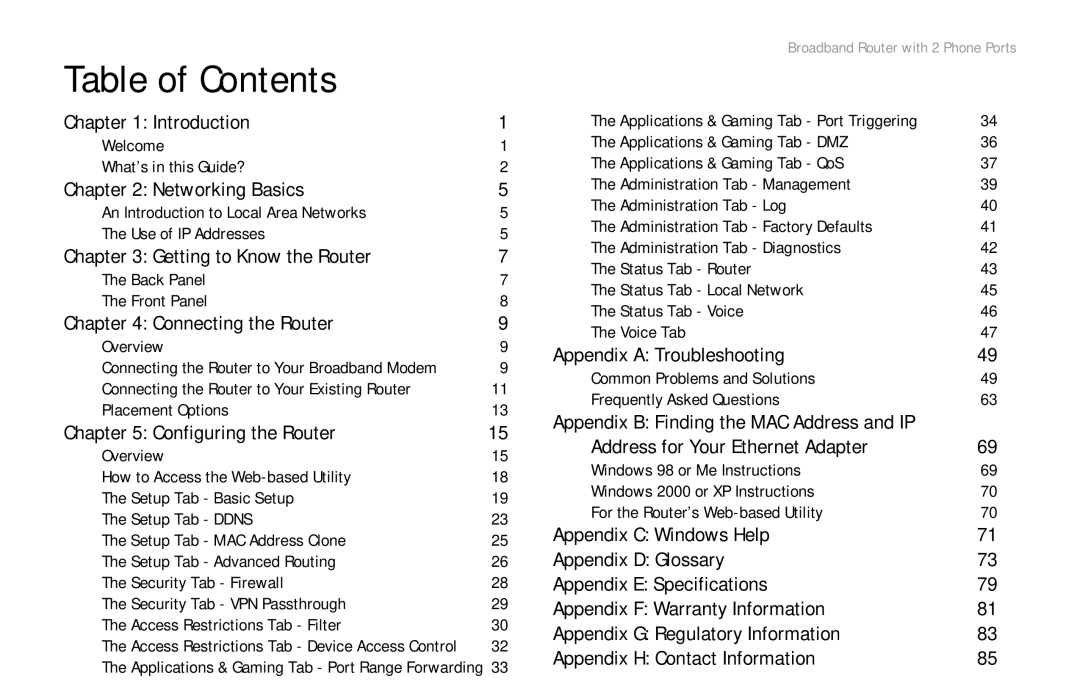 Linksys RTP300 manual Table of Contents 