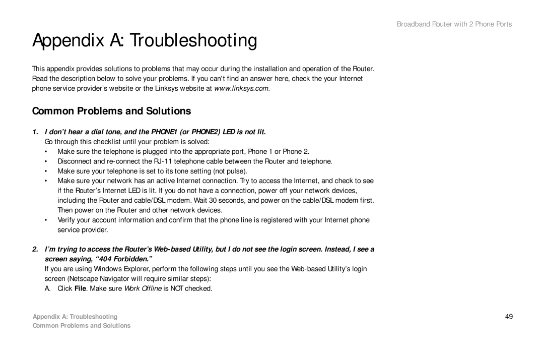 Linksys RTP300 manual Appendix a Troubleshooting, Common Problems and Solutions 