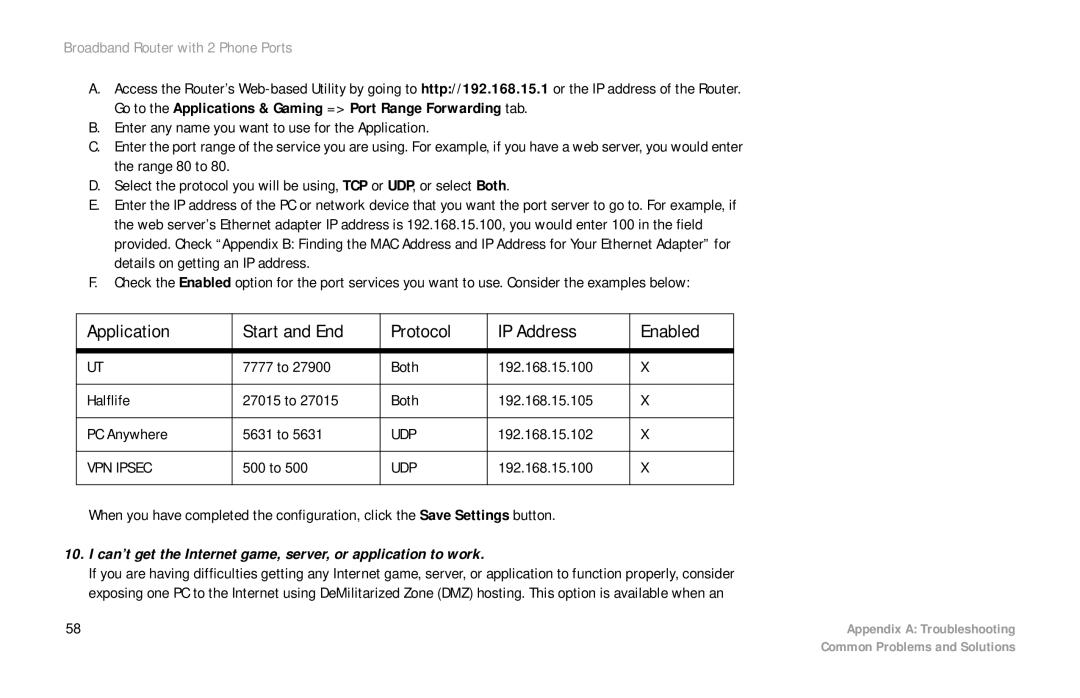 Linksys RTP300 manual Can’t get the Internet game, server, or application to work 