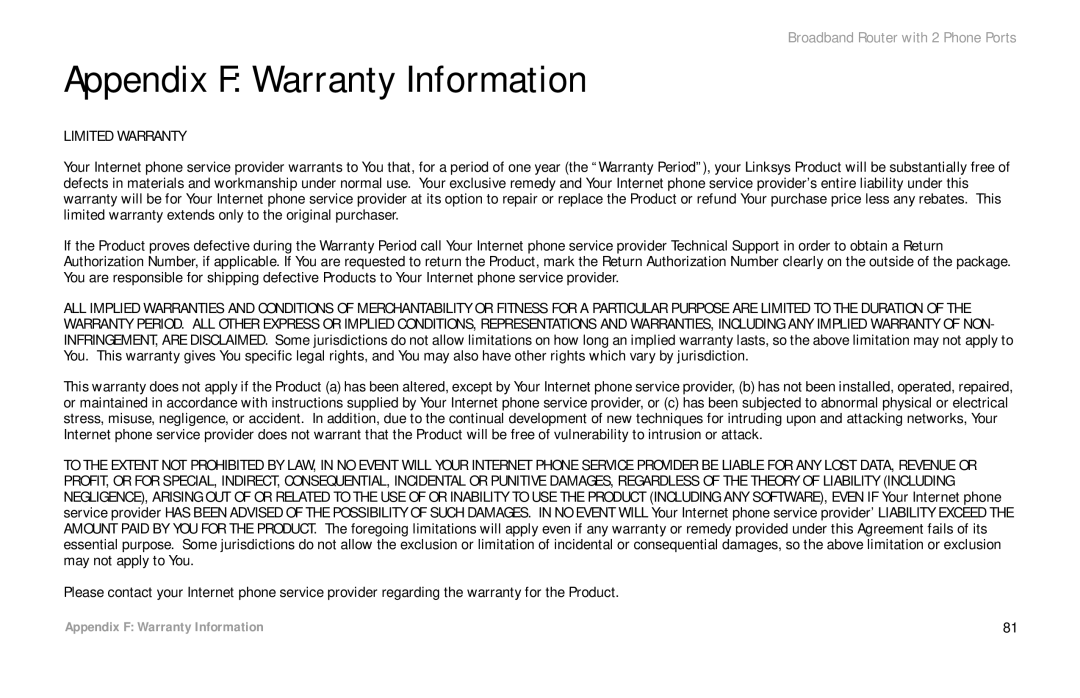 Linksys RTP300 manual Appendix F Warranty Information, Limited Warranty 