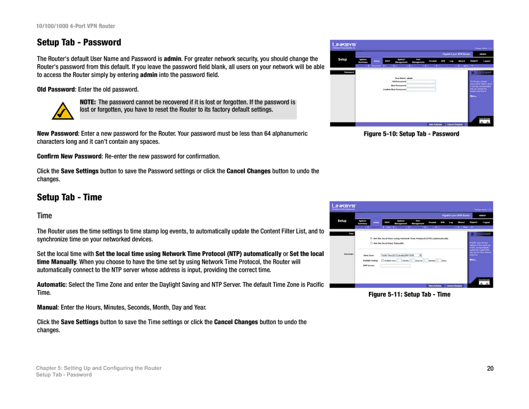 Linksys RV0041 manual Setup Tab Password, Setup Tab Time 