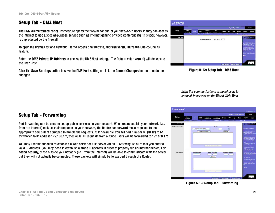 Linksys RV0041 manual Setup Tab DMZ Host, Setup Tab Forwarding 