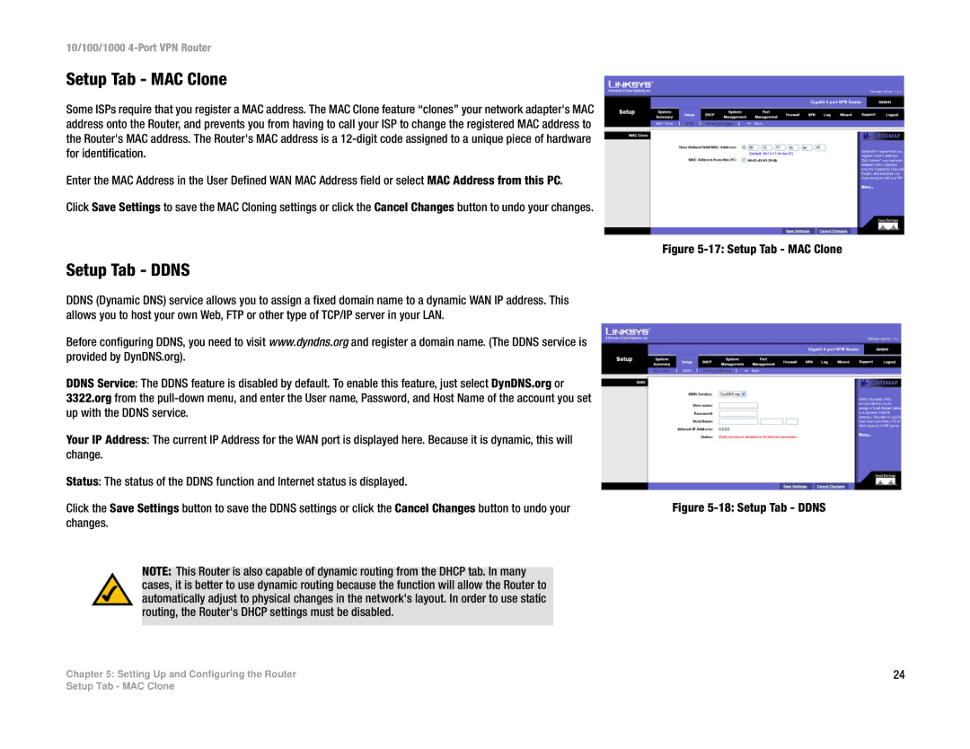 Linksys RV0041 manual Setup Tab MAC Clone, Setup Tab Ddns 