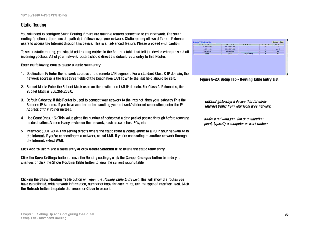 Linksys RV0041 manual Static Routing, Enter the following data to create a static route entry 