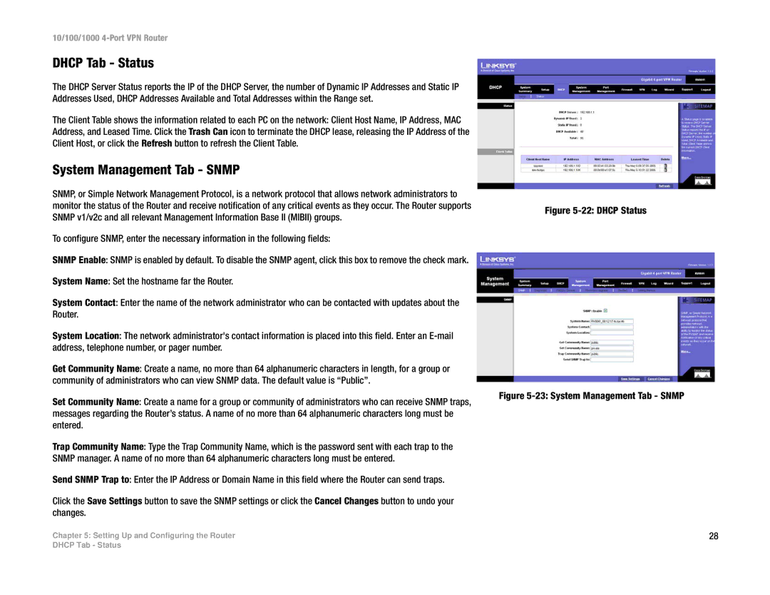 Linksys RV0041 manual Dhcp Tab Status, System Management Tab Snmp 