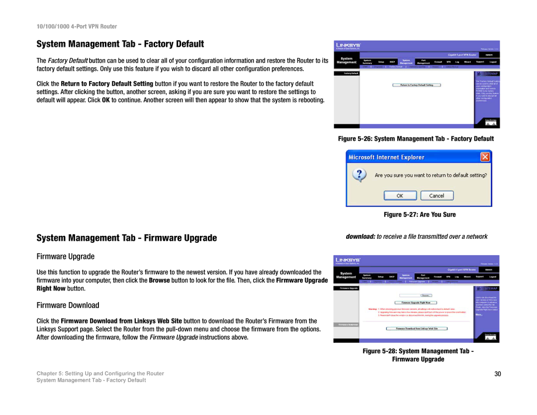 Linksys RV0041 manual System Management Tab Factory Default, System Management Tab Firmware Upgrade, Firmware Download 