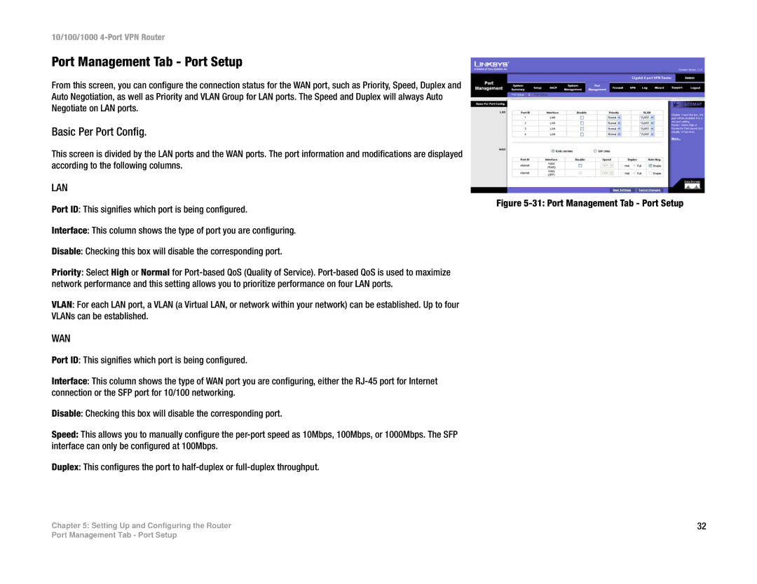 Linksys RV0041 manual Port Management Tab Port Setup, Basic Per Port Config 