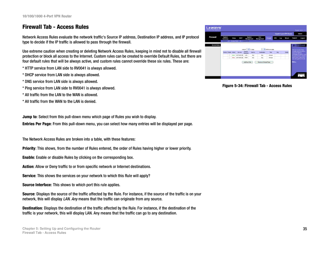 Linksys RV0041 manual Firewall Tab Access Rules 