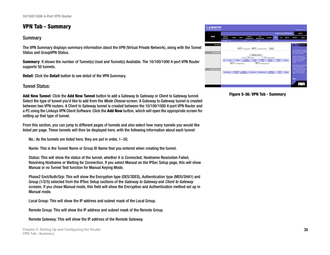 Linksys RV0041 manual VPN Tab Summary, Tunnel Status 