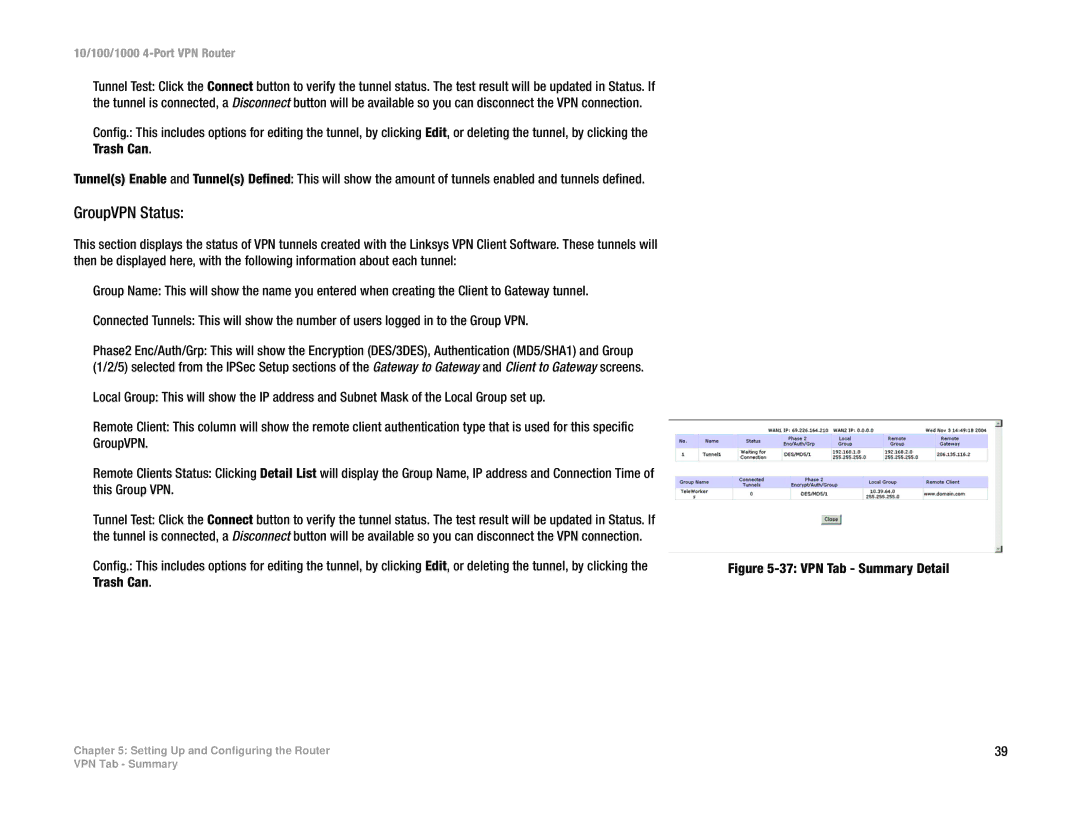 Linksys RV0041 manual GroupVPN Status, VPN Tab Summary Detail 