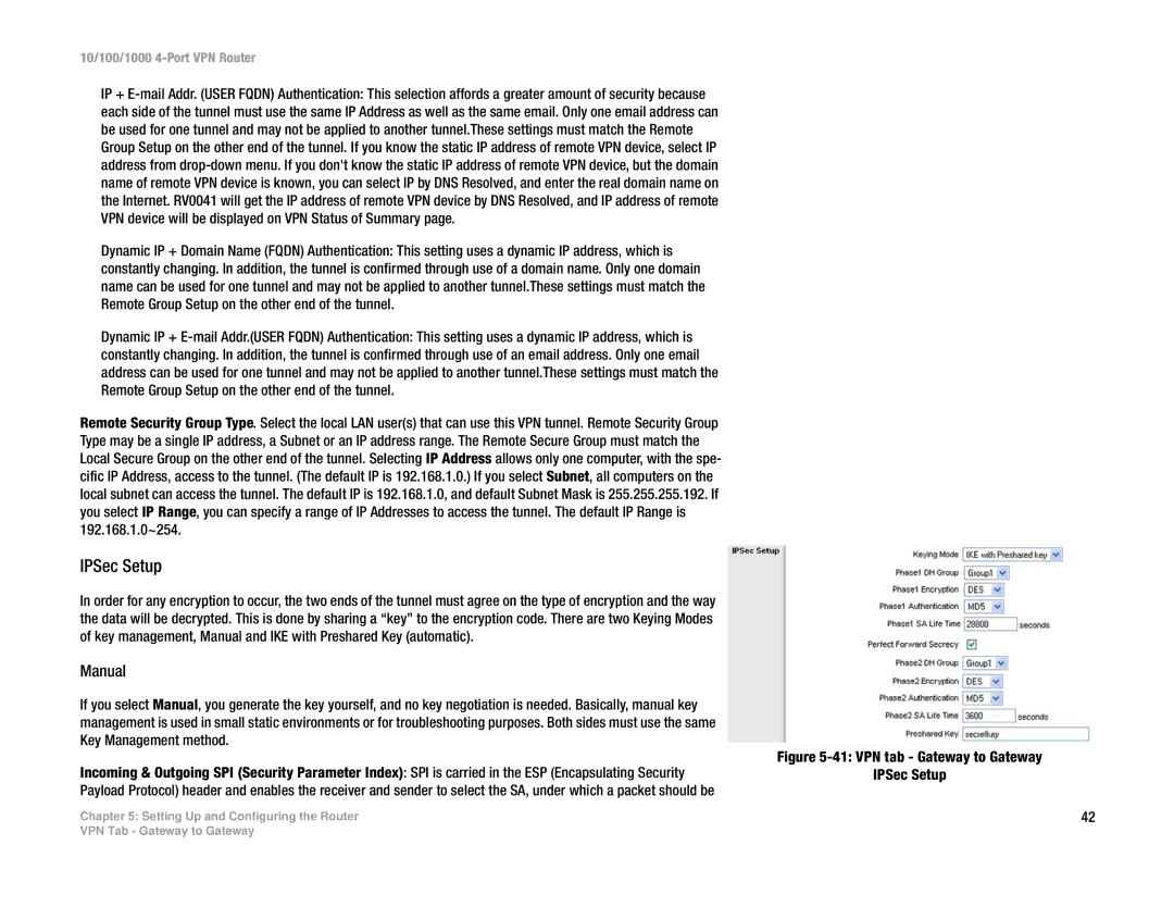 Linksys RV0041 manual IPSec Setup, Manual 