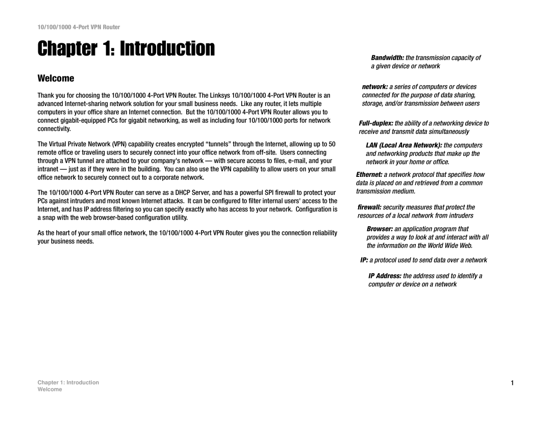 Linksys RV0041 manual Introduction, Welcome, IP a protocol used to send data over a network 