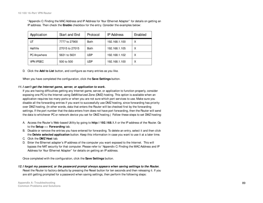 Linksys RV016 manual Application Start and End Protocol IP Address Enabled 