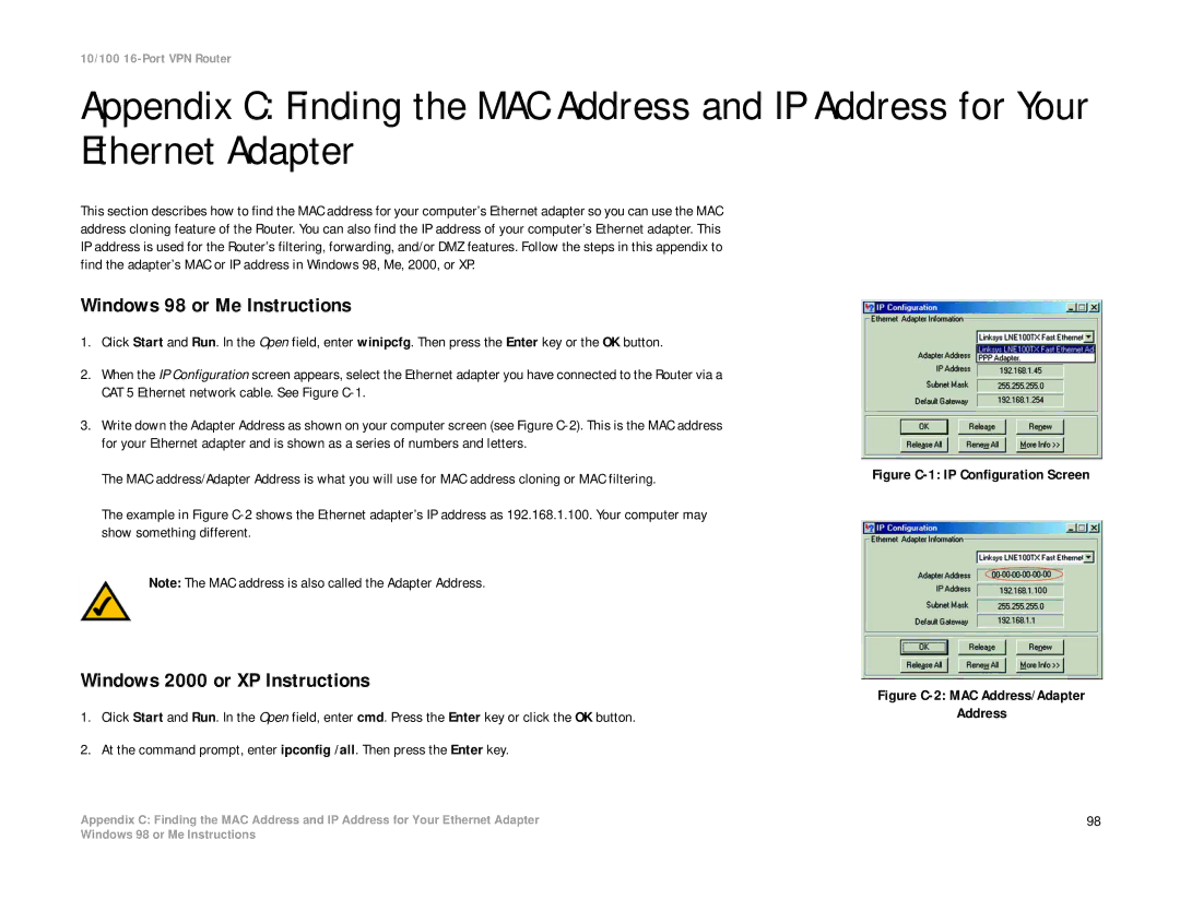 Linksys RV016 manual Windows 98 or Me Instructions, Windows 2000 or XP Instructions 