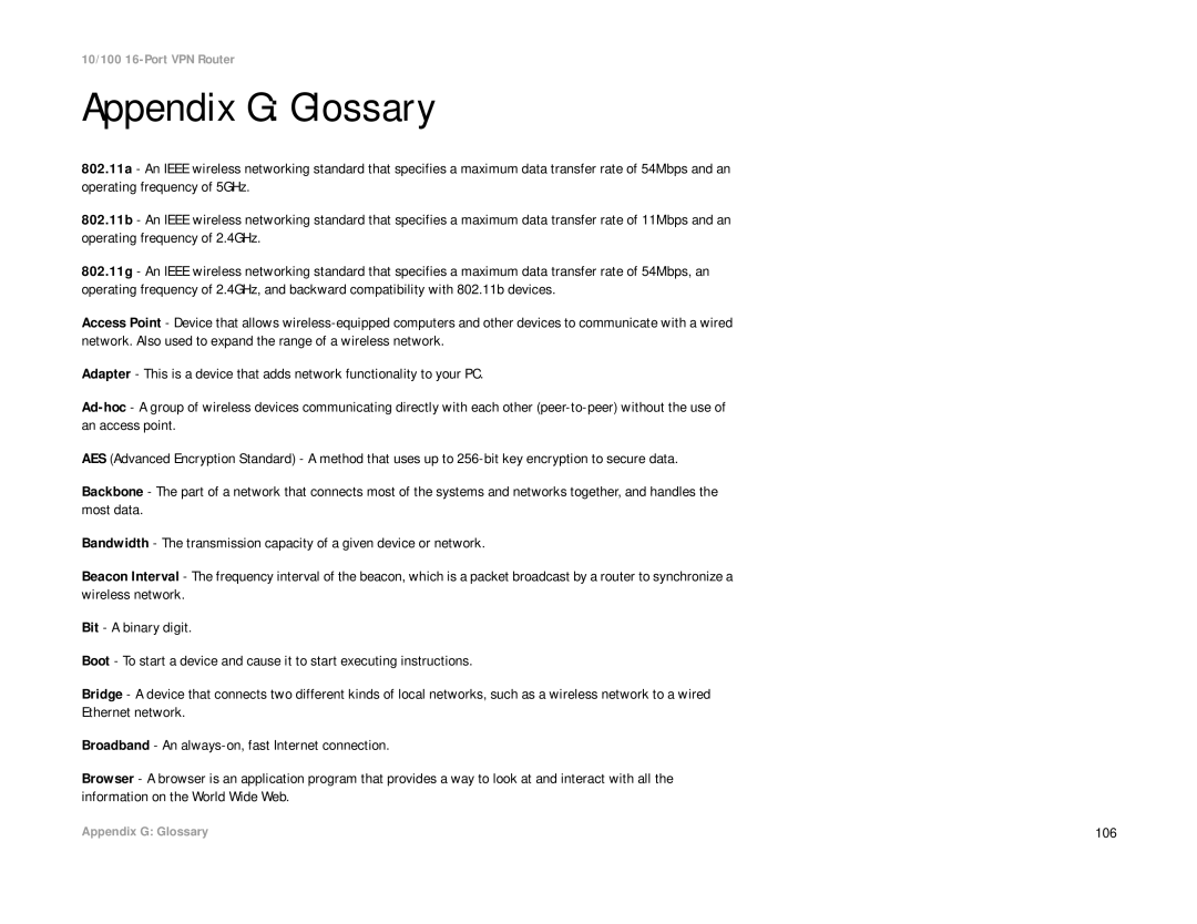 Linksys RV016 manual Appendix G Glossary, 106 