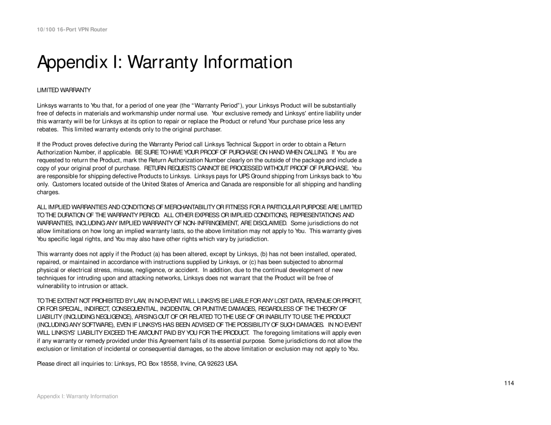 Linksys RV016 manual Appendix I Warranty Information, Limited Warranty 