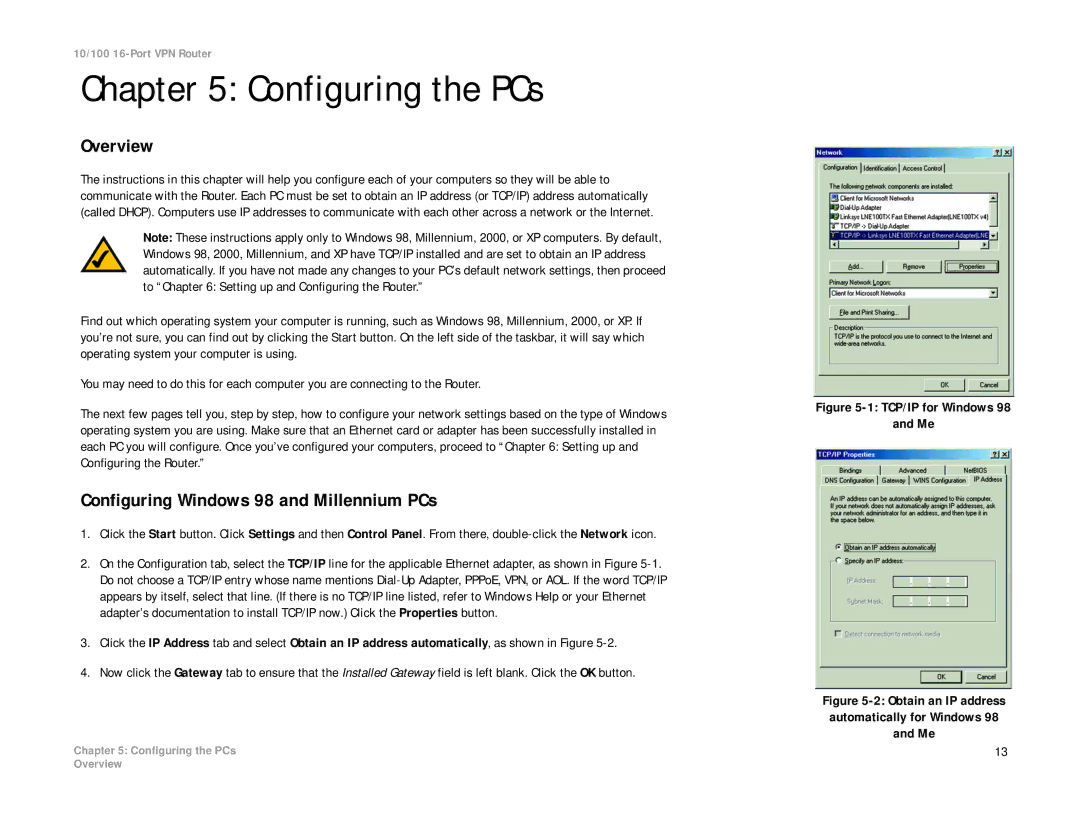 Linksys RV016 manual Configuring the PCs, Configuring Windows 98 and Millennium PCs 