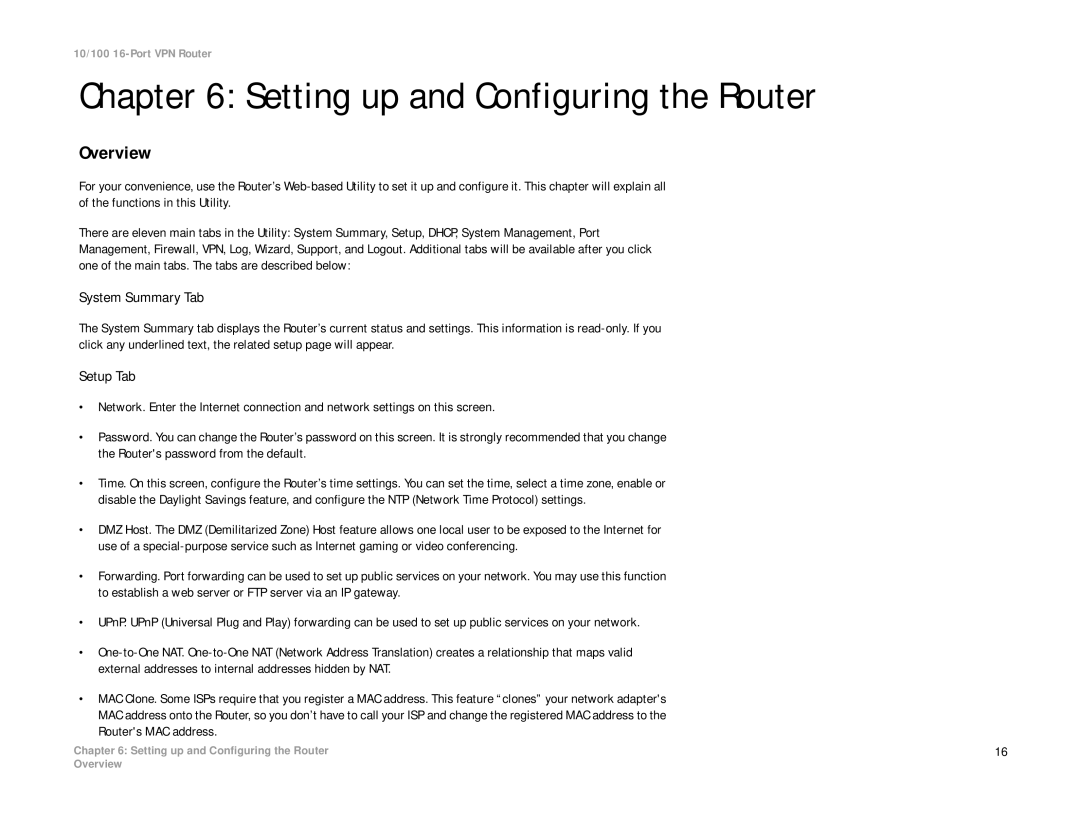 Linksys RV016 manual Setting up and Configuring the Router, System Summary Tab, Setup Tab 