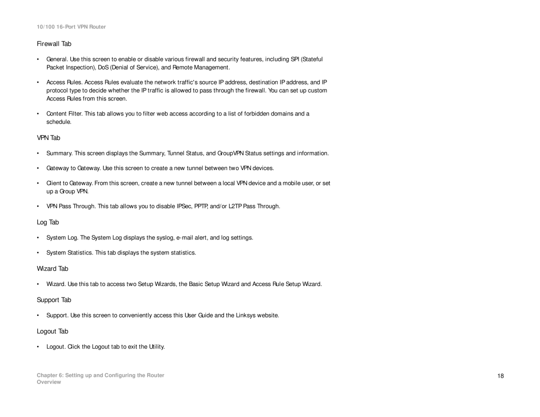 Linksys RV016 manual Firewall Tab, VPN Tab, Log Tab, Wizard Tab, Support Tab, Logout Tab 