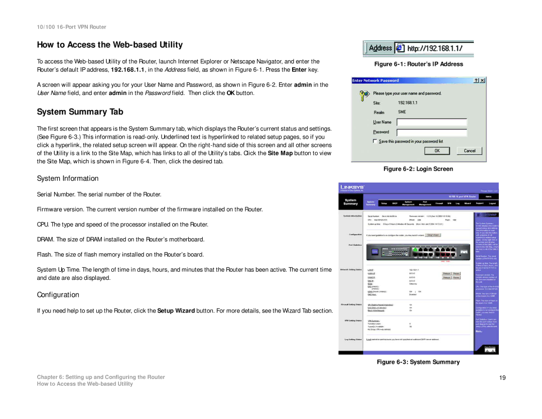 Linksys RV016 manual How to Access the Web-based Utility, System Summary Tab, System Information, Configuration 