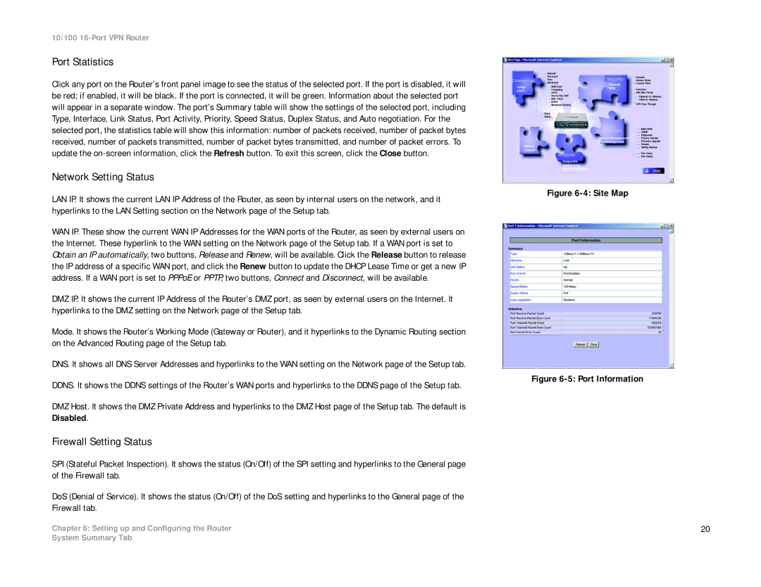 Linksys RV016 manual Port Statistics, Network Setting Status, Firewall Setting Status 