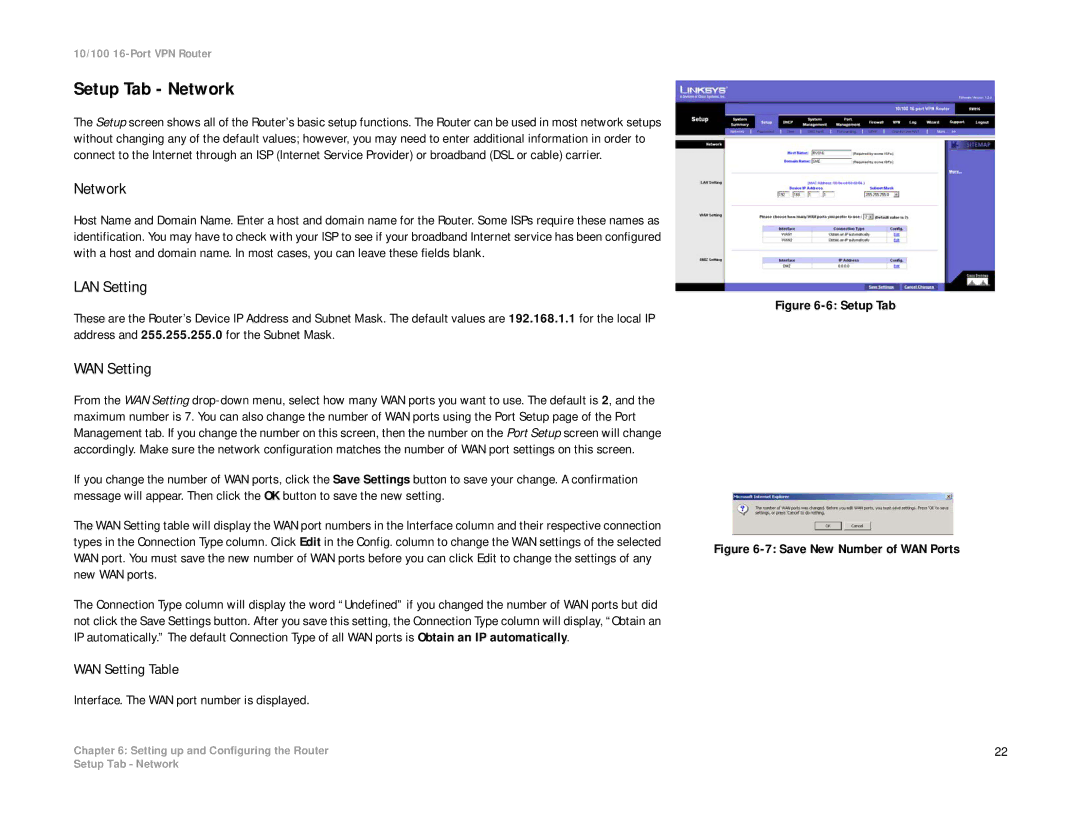 Linksys RV016 manual Setup Tab Network, LAN Setting, WAN Setting Table 
