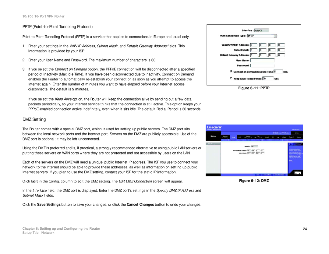 Linksys RV016 manual DMZ Setting, Pptp Point-to-Point Tunneling Protocol 