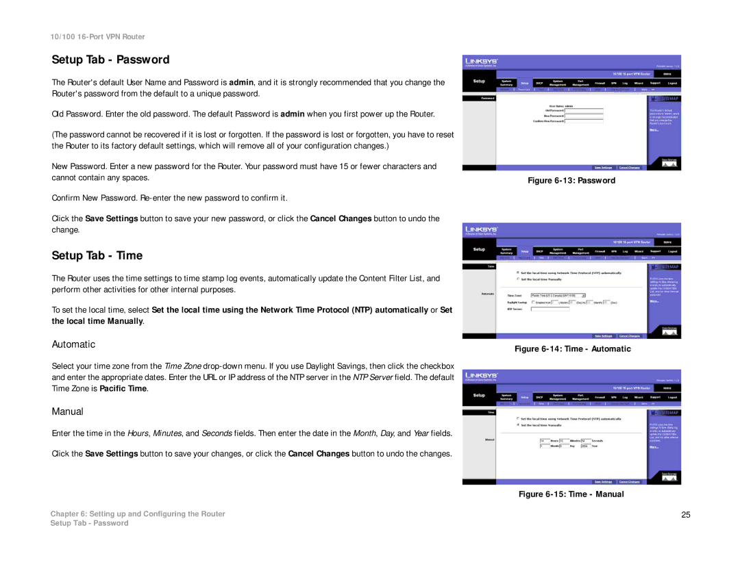 Linksys RV016 manual Setup Tab Password, Setup Tab Time, Automatic, Manual 