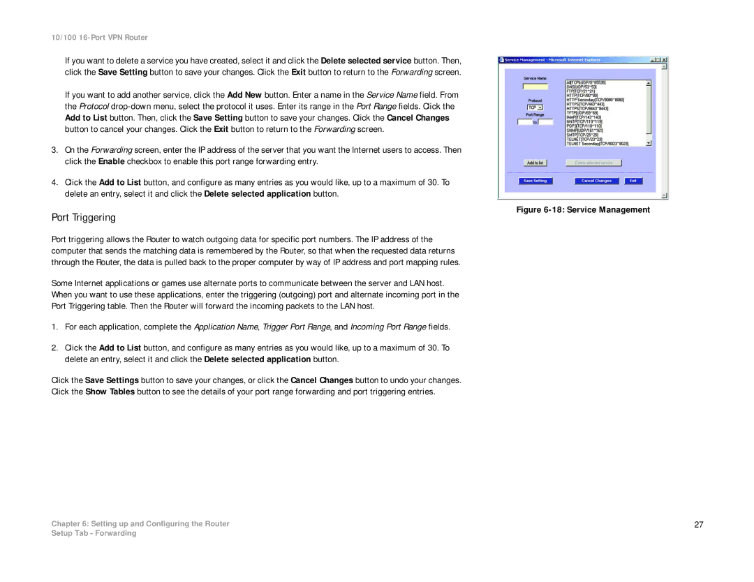 Linksys RV016 manual Port Triggering, Service Management 