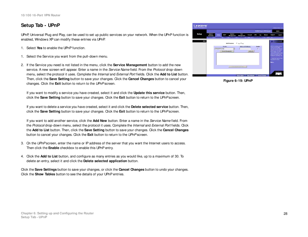 Linksys RV016 manual Setup Tab UPnP 