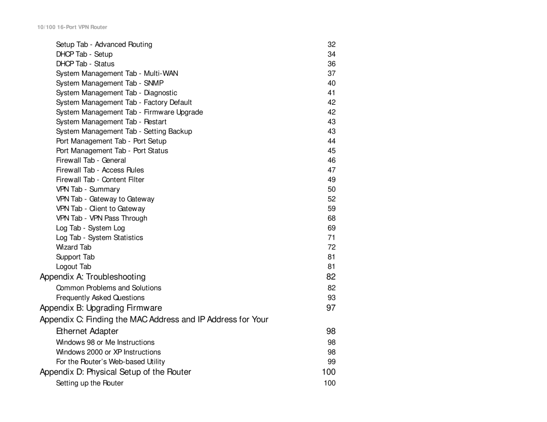 Linksys RV016 manual Appendix a Troubleshooting, Appendix B Upgrading Firmware, Ethernet Adapter 