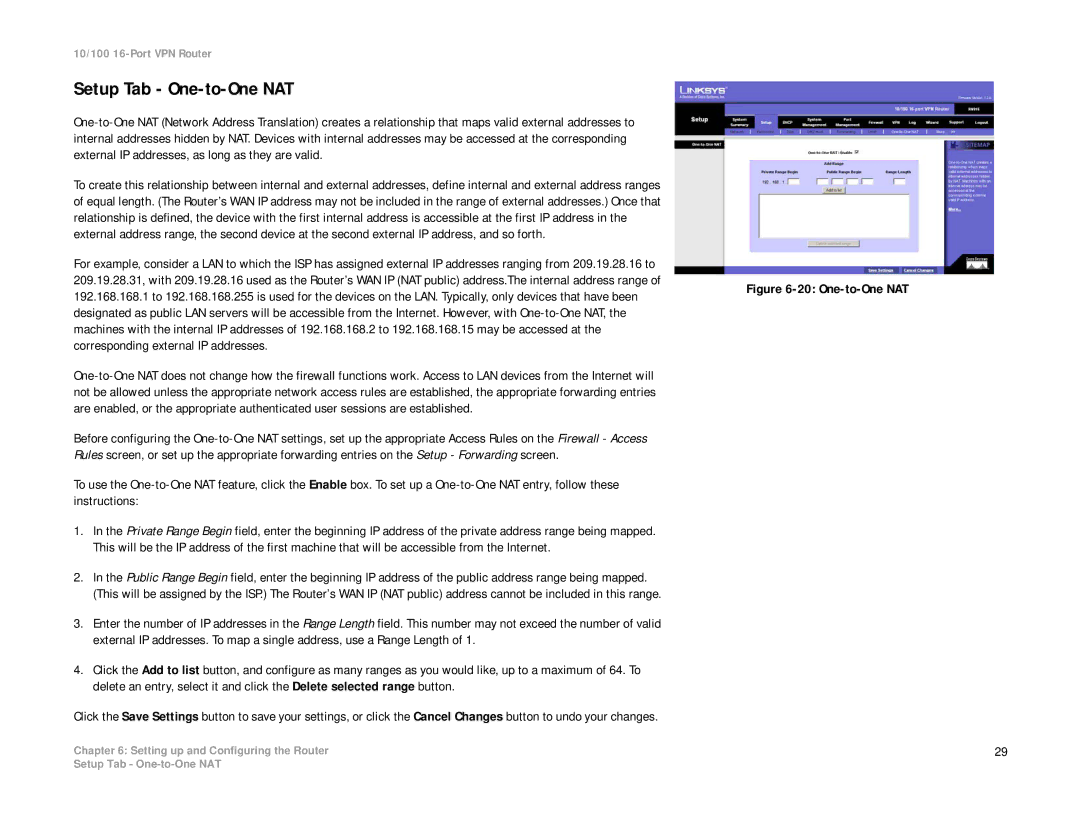 Linksys RV016 manual Setup Tab One-to-One NAT 