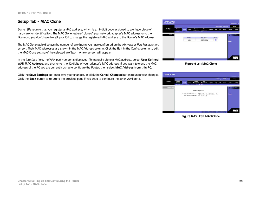 Linksys RV016 manual Setup Tab MAC Clone 