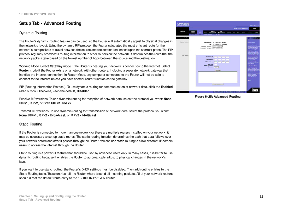 Linksys RV016 manual Setup Tab Advanced Routing, Dynamic Routing, Static Routing 