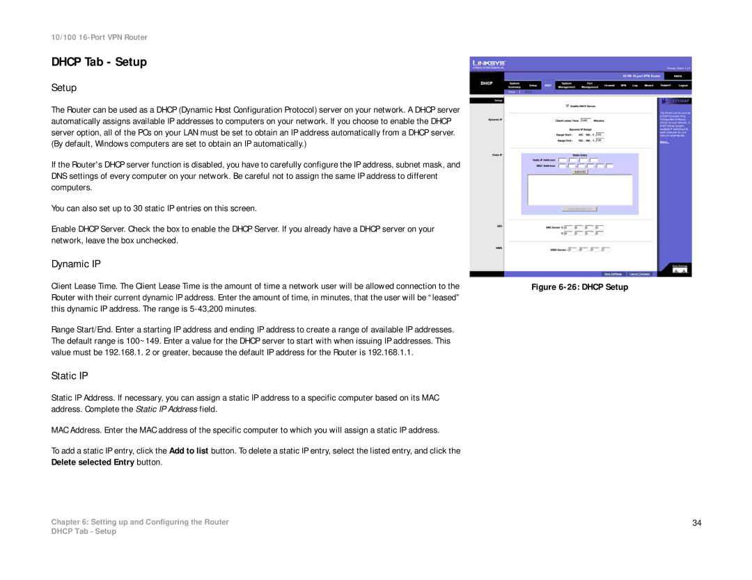 Linksys RV016 manual Dhcp Tab Setup, Dynamic IP, Static IP 