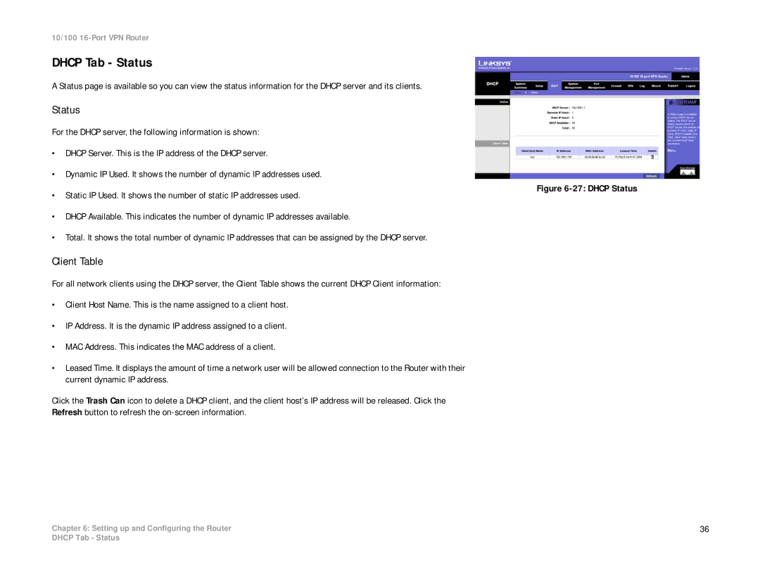 Linksys RV016 manual Dhcp Tab Status, Client Table 