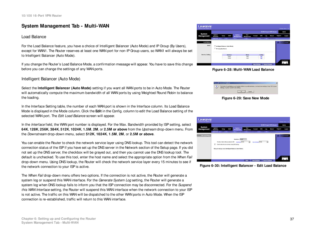 Linksys RV016 manual System Management Tab Multi-WAN, Load Balance, Intelligent Balancer Auto Mode 