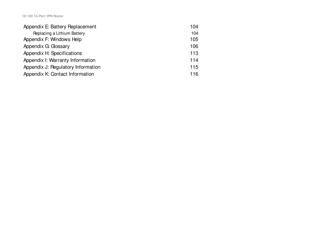 Linksys RV016 manual Appendix E Battery Replacement 104, Replacing a Lithium Battery 104 