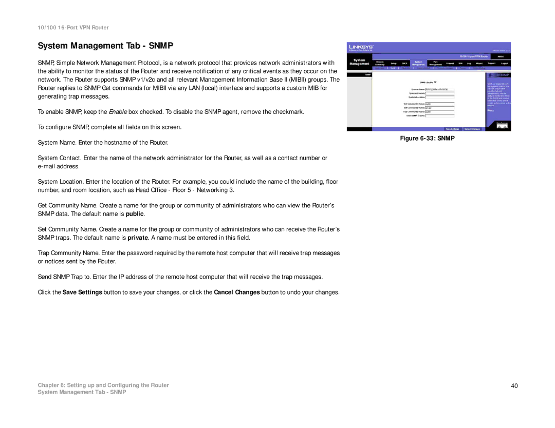 Linksys RV016 manual System Management Tab Snmp 