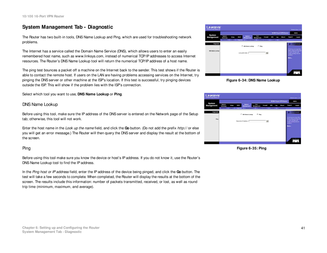 Linksys RV016 manual System Management Tab Diagnostic, DNS Name Lookup, Ping 