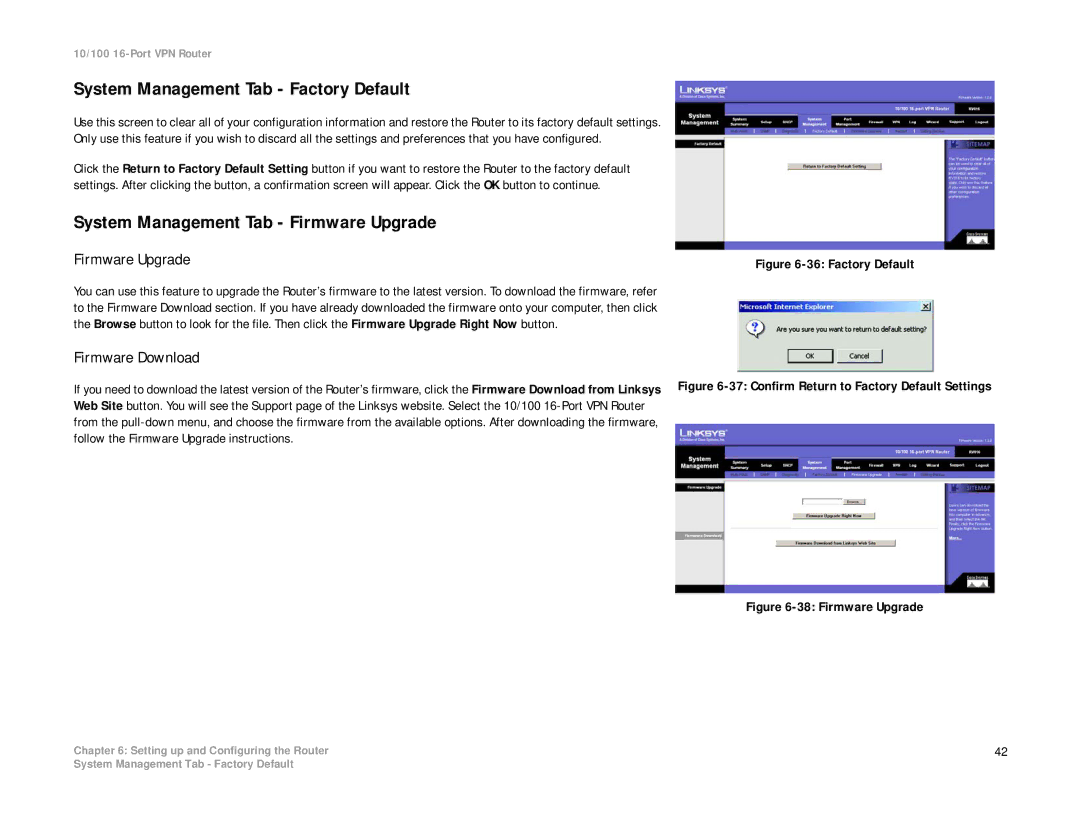 Linksys RV016 manual System Management Tab Factory Default, System Management Tab Firmware Upgrade, Firmware Download 