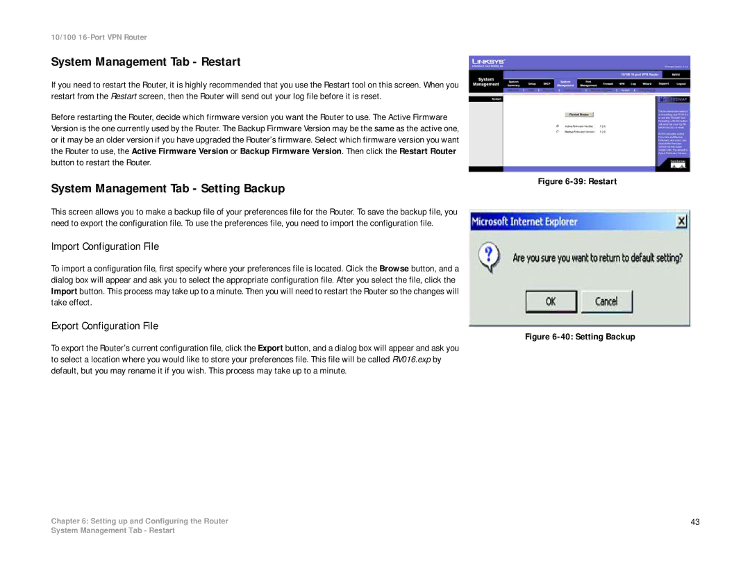 Linksys RV016 manual System Management Tab Restart, System Management Tab Setting Backup, Import Configuration File 