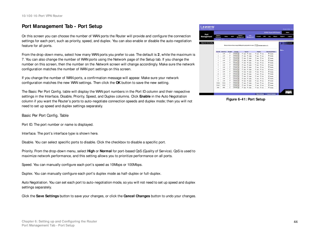 Linksys RV016 manual Port Management Tab Port Setup, Basic Per Port Config. Table 