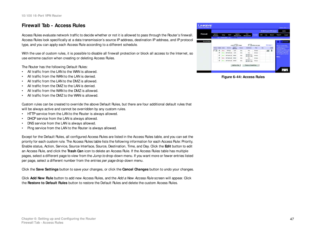 Linksys RV016 manual Firewall Tab Access Rules 