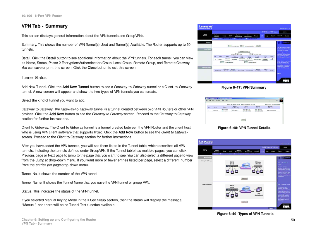 Linksys RV016 manual VPN Tab Summary, Tunnel Status 