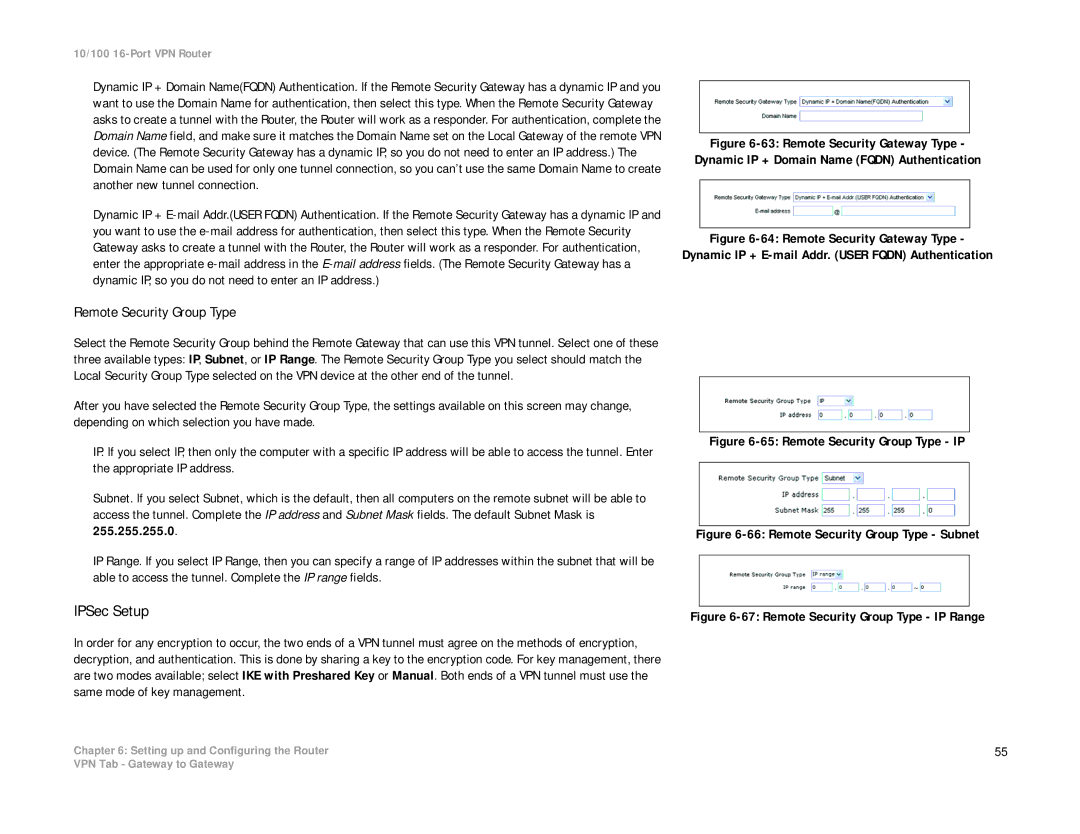 Linksys RV016 manual IPSec Setup, Remote Security Group Type 