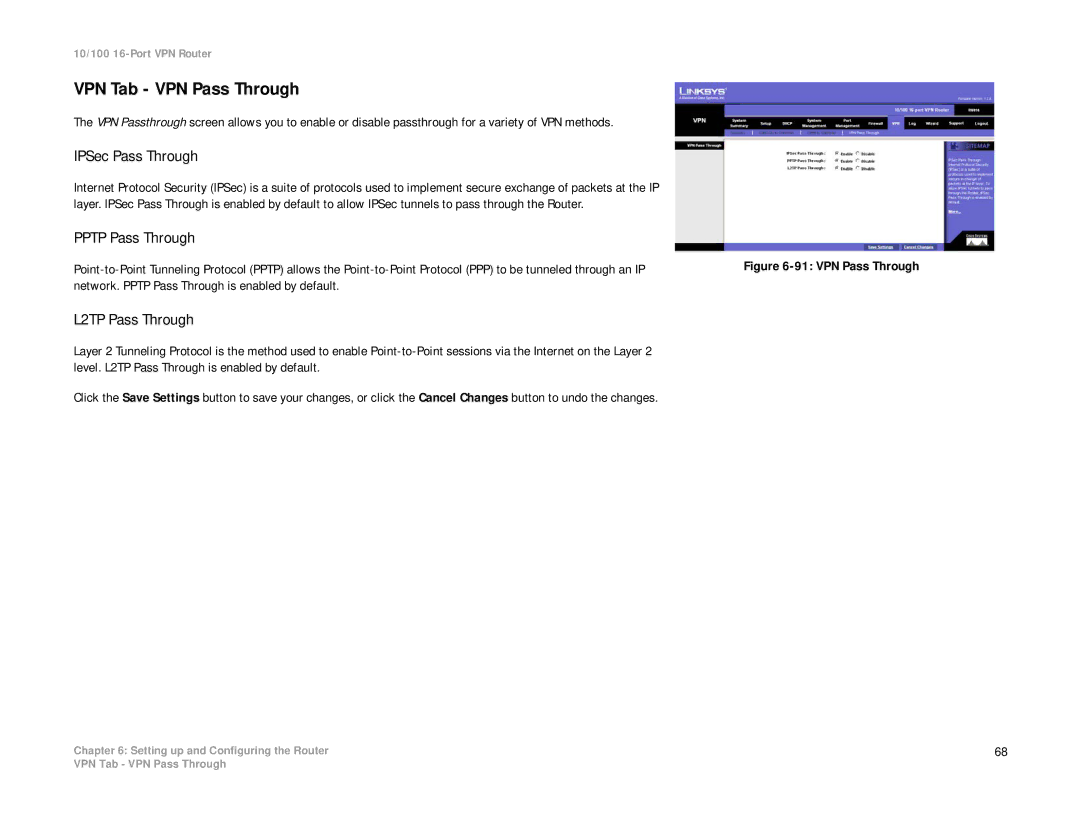 Linksys RV016 manual VPN Tab VPN Pass Through, IPSec Pass Through, Pptp Pass Through, L2TP Pass Through 