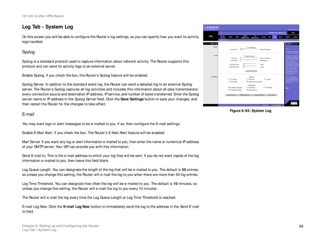 Linksys RV016 manual Log Tab System Log, Syslog, Mail 